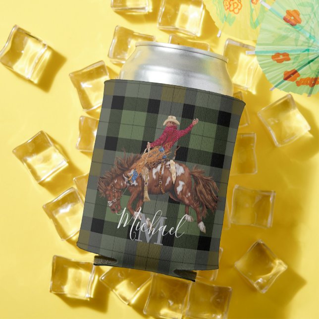 Rodeo Bronco Busting Cowboy On Plaid Can Cooler (In Situ Summer)