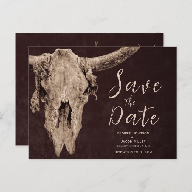 Rodeo Brown Bull Skull Save The Date Invitation Postcard (Front/Back)