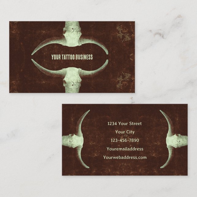 Rodeo Brown Rustic Western Tattoo Shop Bull Skull Business Card (Front/Back)
