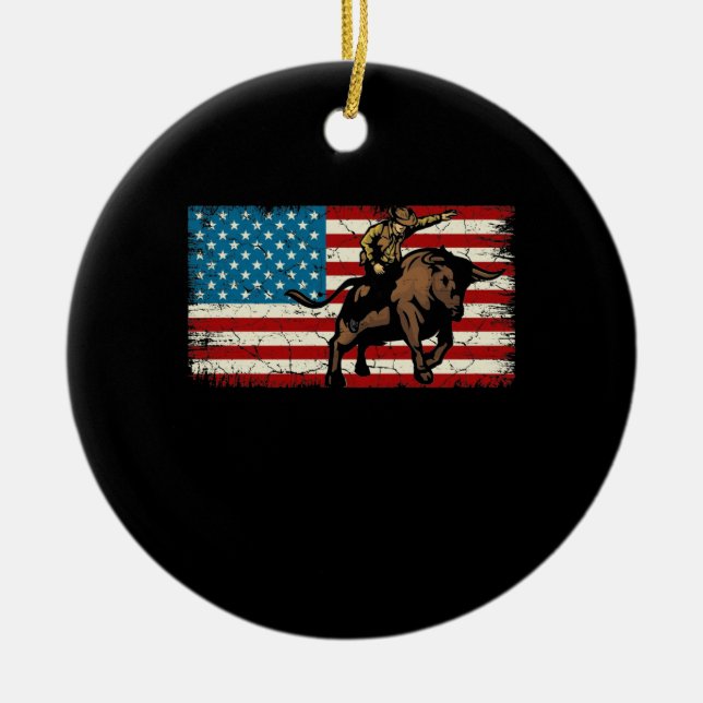 Rodeo Bull Rider Patriotic American Flag Cowboys Ceramic Ornament (Front)