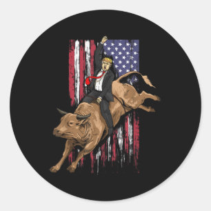 Rodeo Bull Rider Trump American Flag Cowboy Bull Classic Round Sticker