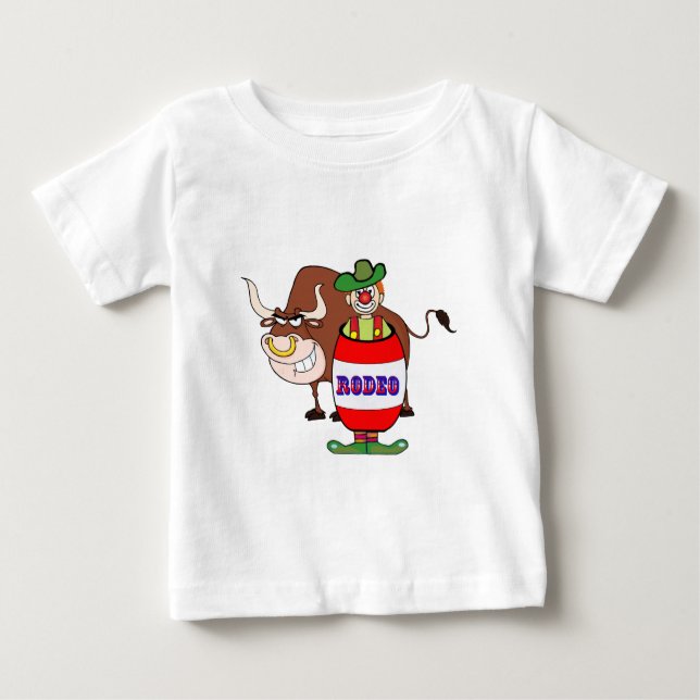 Rodeo Clown In Barrel And Bull Cartoon Baby T-Shirt (Front)