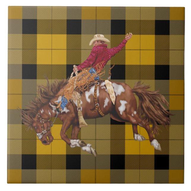 Rodeo Cowboy Bronco Busting On Plaid Ceramic Tile (Front)