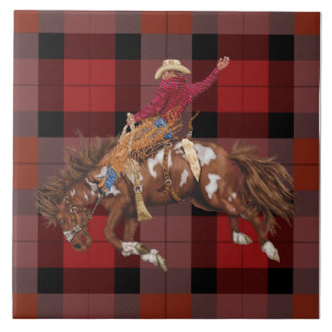 Rodeo Cowboy Bronco Busting On Plaid Ceramic Tile