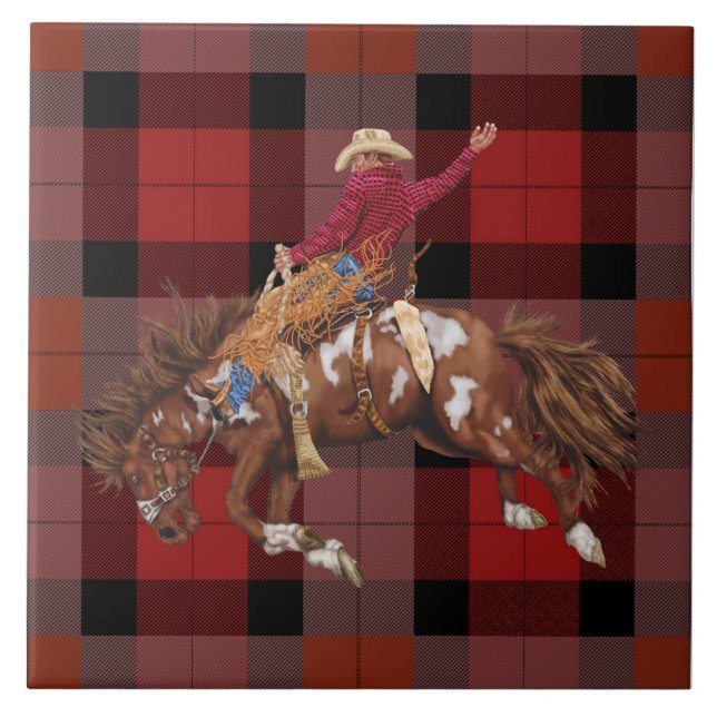 Rodeo Cowboy Bronco Busting On Plaid Ceramic Tile (Front)