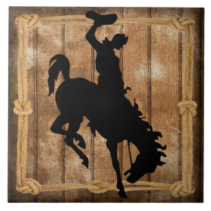 Rodeo Cowboy Horse Bronco Silhouette Ceramic Tile