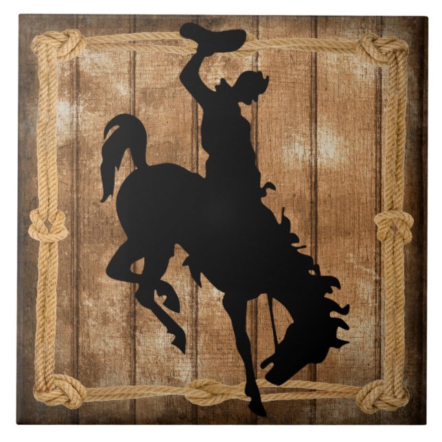 Rodeo Cowboy Horse Bronco Silhouette Ceramic Tile (Front)
