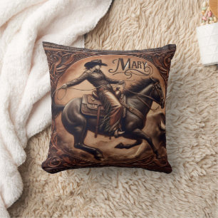 RODEO Cowboy Mary Roping on Horse at Sunset Cushion