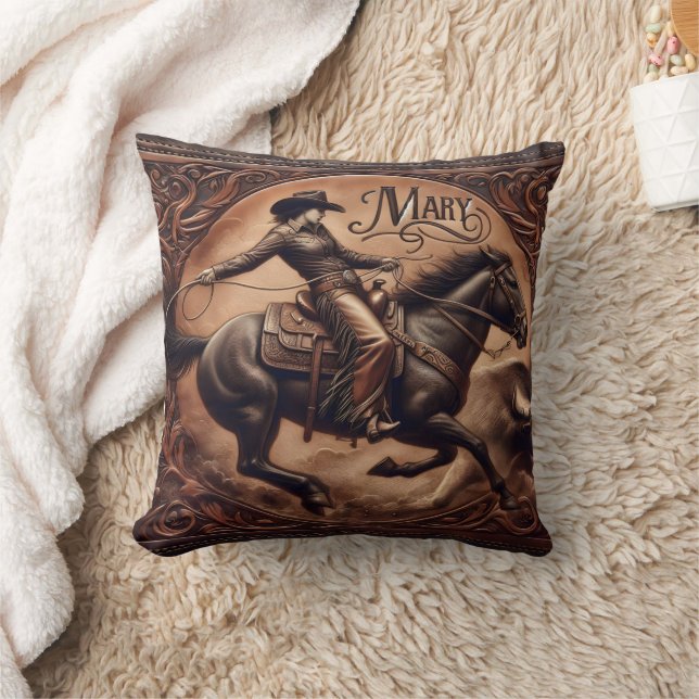 RODEO Cowboy Mary Roping on Horse at Sunset Cushion (Blanket)