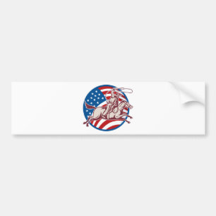 Rodeo cowboy riding horse lasso american flag bumper sticker