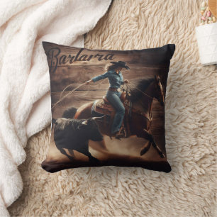 Rodeo Cowboy Roping Calf at Sunset Cushion