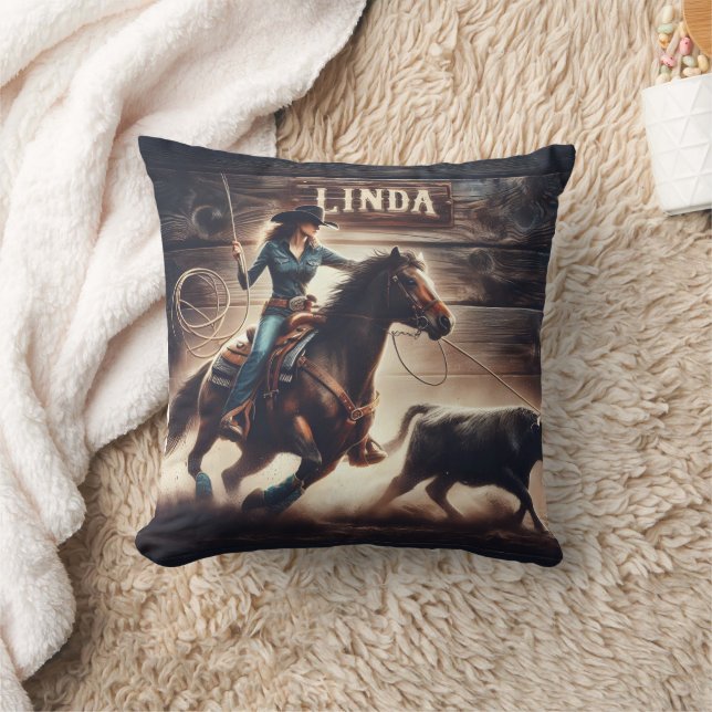 Rodeo Cowboy Roping Cattle in Western Arena Cushion (Blanket)