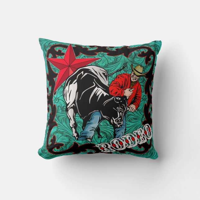 Rodeo Cowboy Steer Wrestling Throw Pillow (Front)