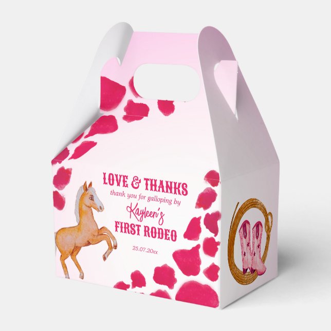 Rodeo cowgirl birthday pink cow pattern pony  favour box (Front Side)