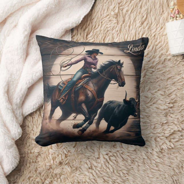 Rodeo Cowgirl Roping a Bull at Sunset Cushion (Blanket)