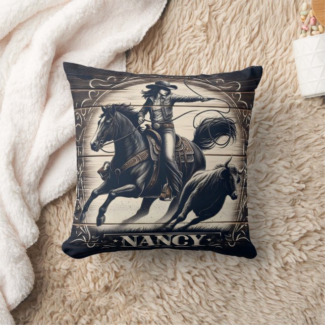 Rodeo Cowgirl Roping a Steer at Sunset Cushion (Blanket)
