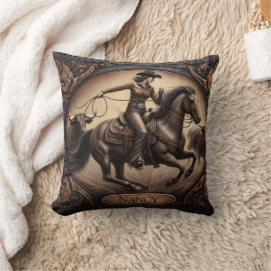 Rodeo Event With Cowgirl and Cattle at Sunset Cushion