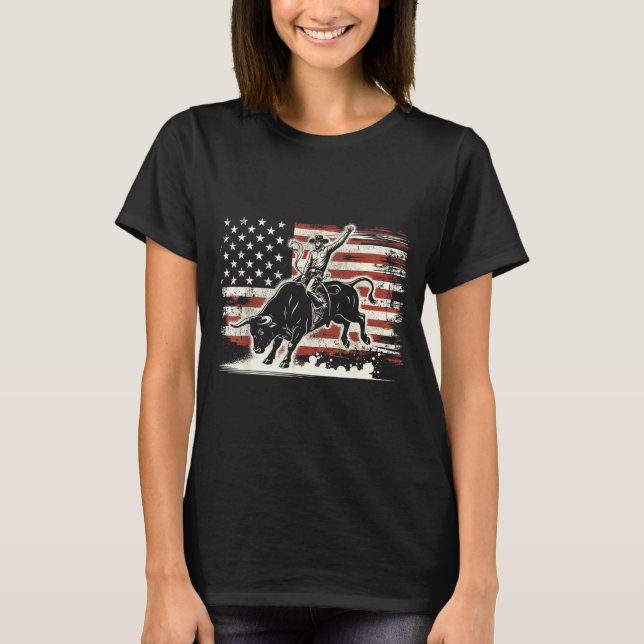 Rodeo Rider Bull Patriotic Cowboy Usa Flag  T-Shirt (Front)