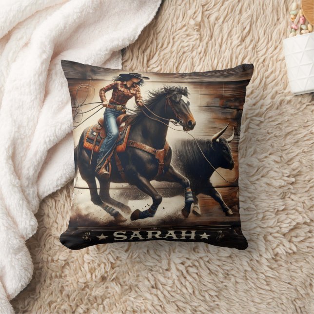 Rodeo Rider Chasing Bull at Evening Event Cushion (Blanket)