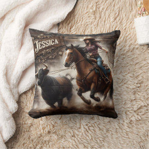 Rodeo Rider Chasing Cattle at Sunset Cushion