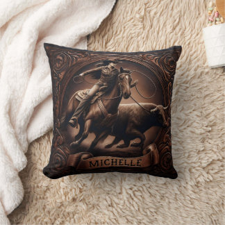 Rodeo Rider Chasing Longhorn at Sunset Cushion