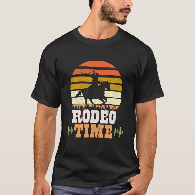 Rodeo Time Cowboy Horse Ranch Lasso Retro Sunset R T-Shirt (Front)
