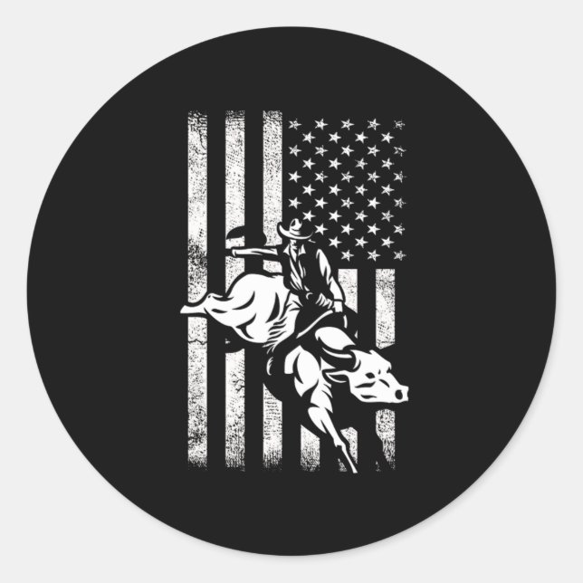 Rodeo USA Flag Bull Riding Rider Cowboy Country Gi Classic Round Sticker (Front)