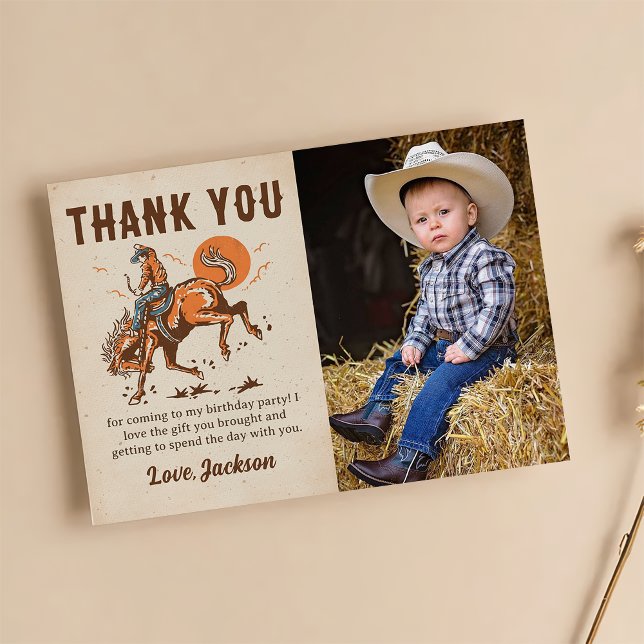 Rodeo Western Cowboy Birthday Photo Thank You Card (Creator Uploaded)