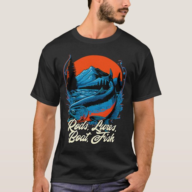 Rods Lures Boat Fish Hobby Lakes Pastime Lagoon Fi T-Shirt (Front)