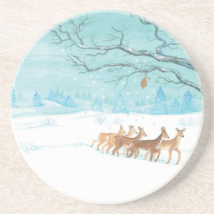 Roe Deer in the Winter Woodland Covered of Snow Coaster