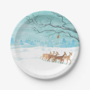 Roe Deer in the Winter Woodland Covered of Snow Paper Plate
