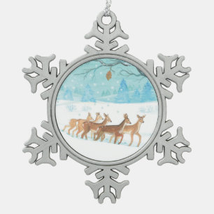 Roe Deer in the Winter Woodland Covered of Snow  Snowflake Pewter Christmas Ornament