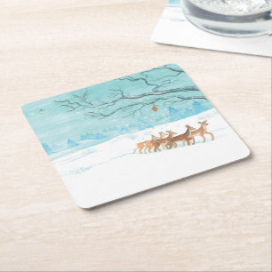 Roe Deer in the Winter Woodland Covered of Snow  Square Paper Coaster