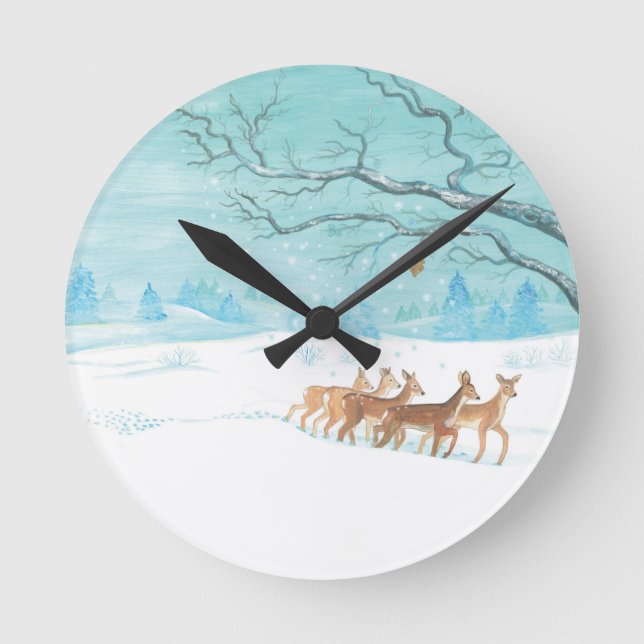 Roe Deer in Winter Round Clock (Front)