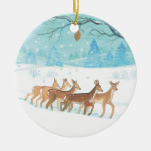 Roe Deer & Winter Woodland Covered of Fresh Snow  Ceramic Ornament