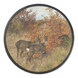 Roe Deer with Autumn Leaves Vintage Wildlife Hockey Puck