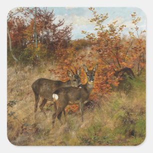 Roe Deer with Autumn Leaves Vintage Wildlife Square Sticker