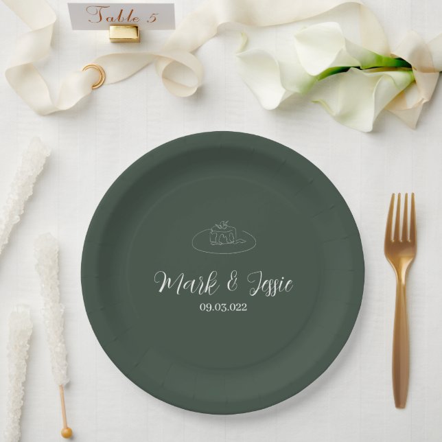 ROE Dusky Green & White Simple Wedding Paper Plate (Wedding)