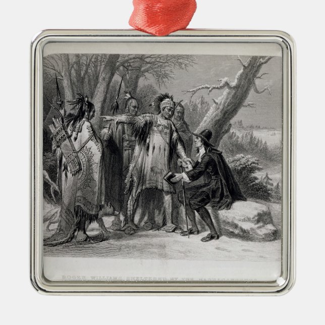 Roger Williams sheltered by the Narragansetts Metal Tree Decoration (Front)