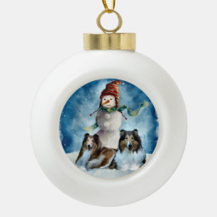 Rogh Collie with Snowman Christmas Ceramic Ball Christmas Ornament