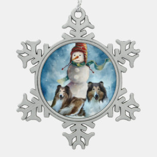 Rogh Collie with Snowman Christmas Snowflake Pewter Christmas Ornament