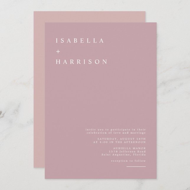 ROGUE Dusty Blush Pink Mauve Rose Gold Wedding Invitation (Front/Back)