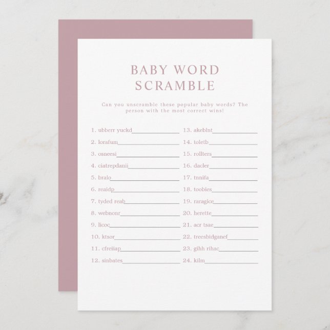 ROGUE Modern Dusty Rose Baby Word Scramble Game Invitation (Front/Back)