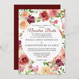 Roja Flores Boda Elegante Formal Spanish Wedding Invitation