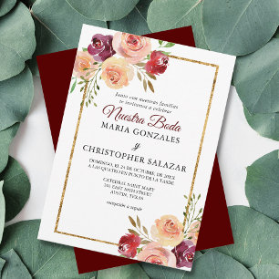 Roja Oro Flores Boda Elegante Spanish Wedding Invitation