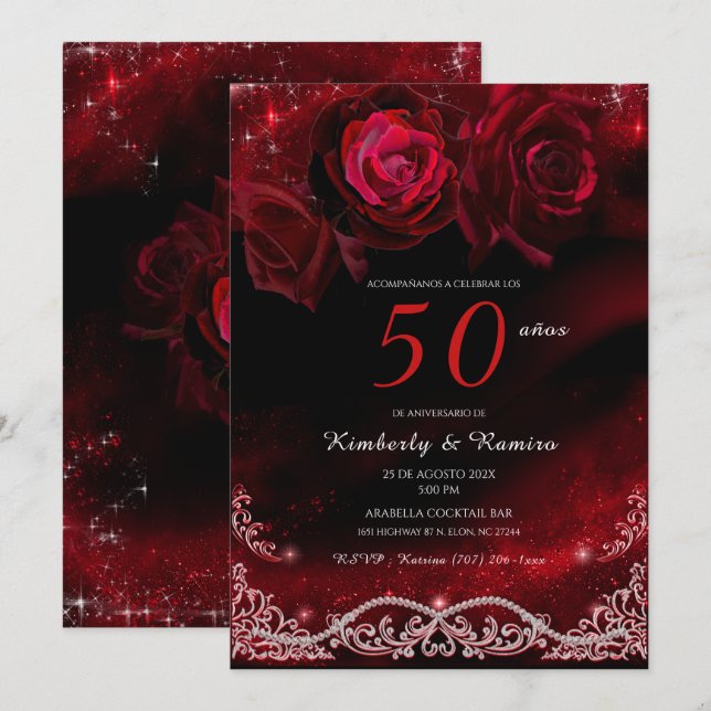 Rojo y Negro 50 Aniversario de Boda Invitation (Front/Back)