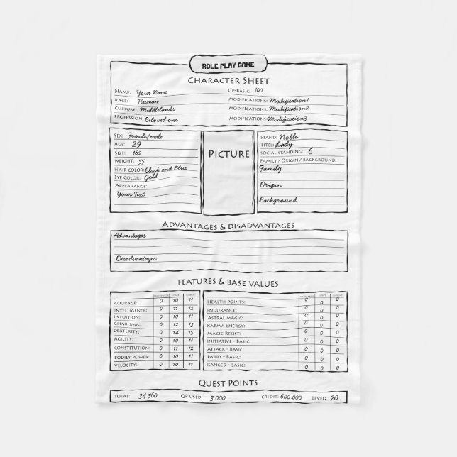 Role play game character sheet fleece blanket (Front)