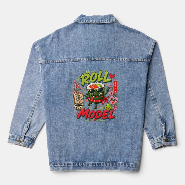 Roll Model – Funny Kawaii Sushi Denim Jacket (Back)