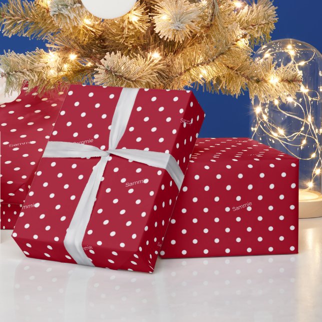 Roll, Name, Cute Red White Polka Dot Pattern Wrapping Paper (Holidays)