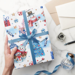 Roll, Name Holiday Snowmen Family Red-Blue Pattern Wrapping Paper